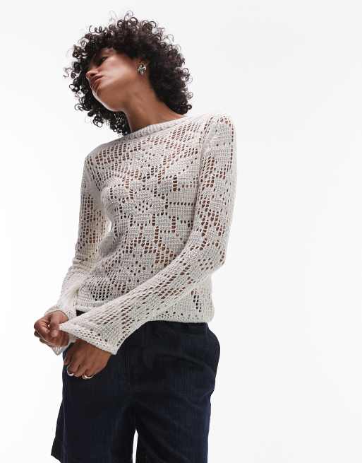 Topshop knitted slash neck lace long sleeve top in ivory, 3 of 4