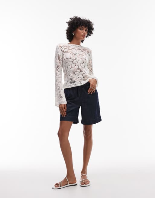 Topshop knitted slash neck lace long sleeve top in ivory