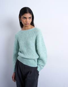 Knitted slash neck wave textured jumper in mint