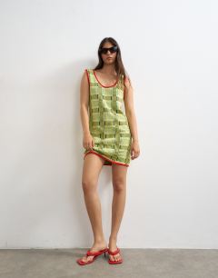 Knitted sleeveless check mini dress in green
