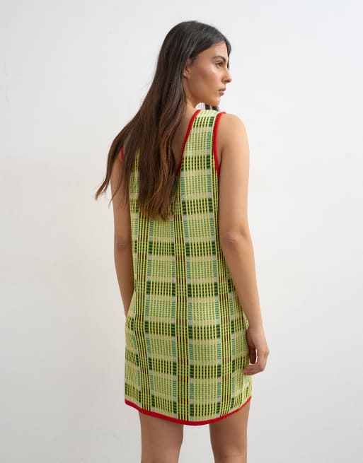 Topshop knitted sleeveless check mini dress in green, 3 of 4