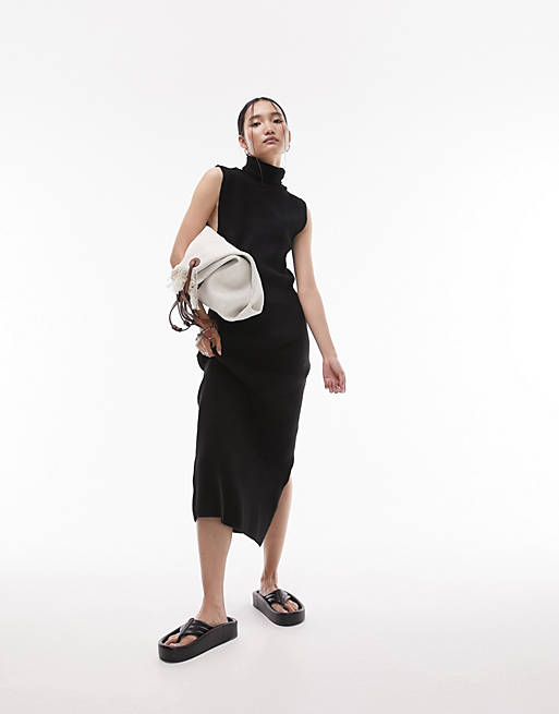 Topshop knitted sleeveless funnel midi dress in black | ASOS