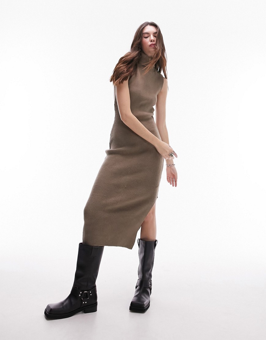 Topshop knitted sleeveless funnel midi dress in camel-Brown