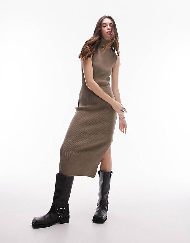 Topshop - knitted sleeveless funnel midi dress in camel