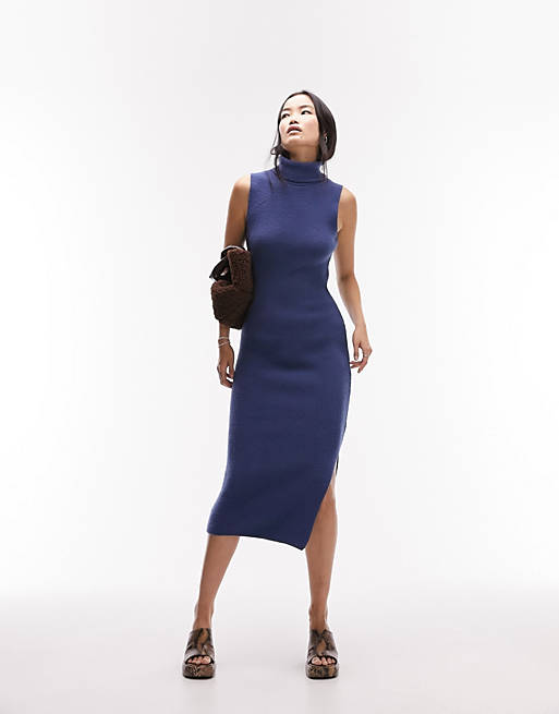 Topshop knitted sleeveless funnel midi dress in navy