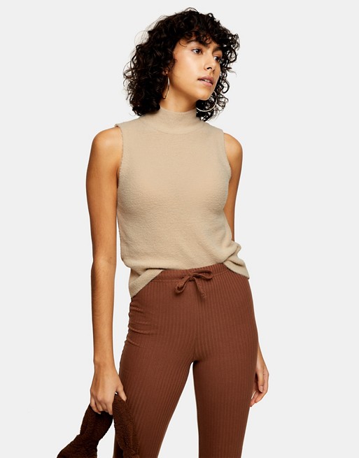 Topshop knitted sleeveless funnel neck top in natural