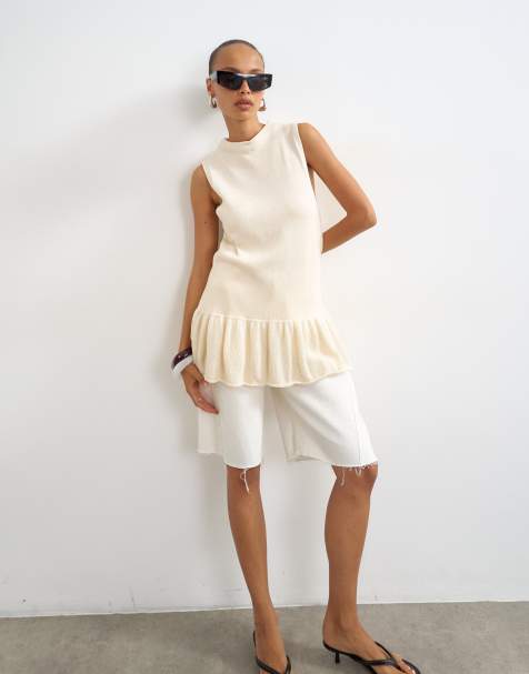 Topshop knitted sleeveless longline top in ecru - view 1
