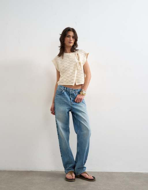 Topshop knitted sleeveless mandarin collar front tie wrap tank in ecru, 3 of 4