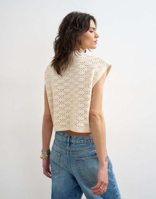 Topshop knitted sleeveless mandarin collar front tie wrap tank in ecru, 4 of 4
