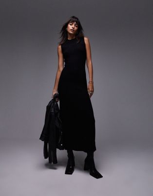 Topshop knitted sleeveless midi dress in black