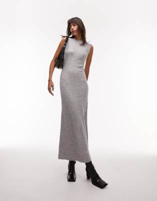 Topshop Knitted Sleeveless Midi Dress In Gray