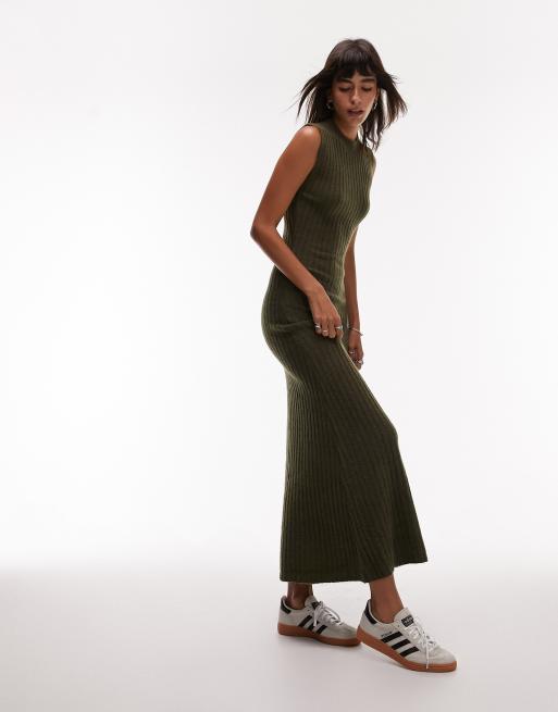 Topshop knitted sleeveless midi dress in khaki