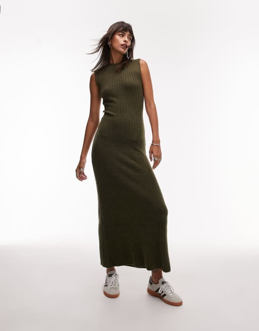 Topshop knitted sleeveless midi dress in khaki