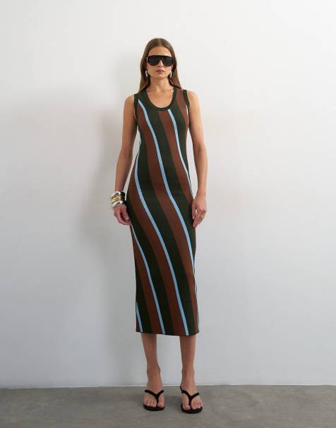 Topshop knitted sleeveless stripe maxi dress in multi - view 1