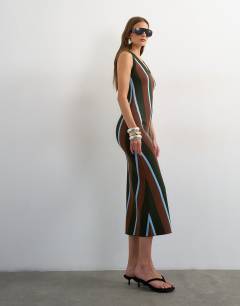 Model wearing Knitted sleeveless stripe maxi dress in multi