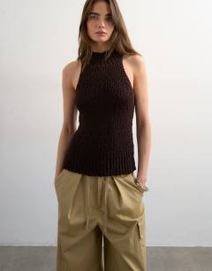 Knitted sleeveless textured grown on vest in chocolate