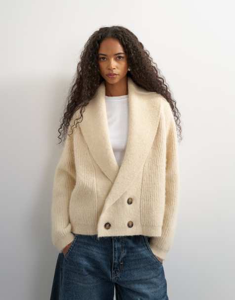 Topshop knitted slouchy button front shawl collared cardigan in latte - view 1