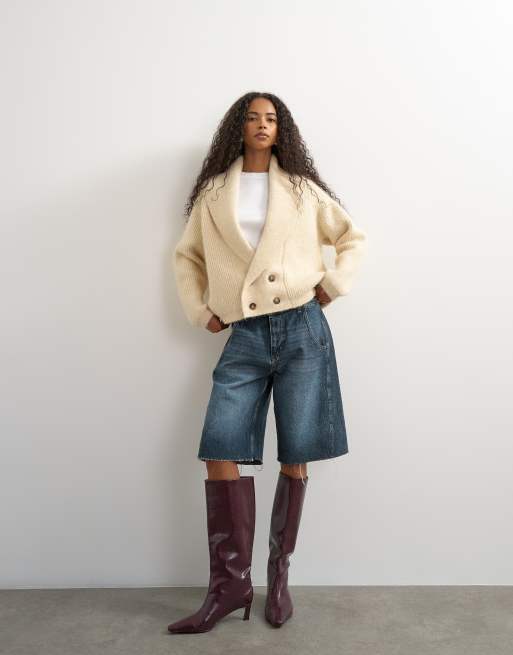Topshop knitted slouchy button front shawl collared cardigan in latte, 3 of 4