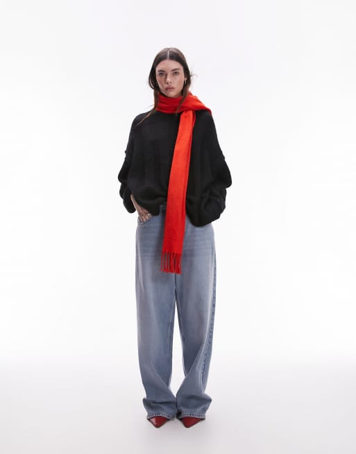 Topshop knitted slouchy exposed seam fluffy wide rib jumper in black