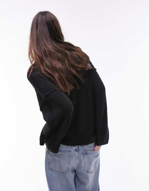 Topshop knitted slouchy exposed seam fluffy wide rib jumper in black