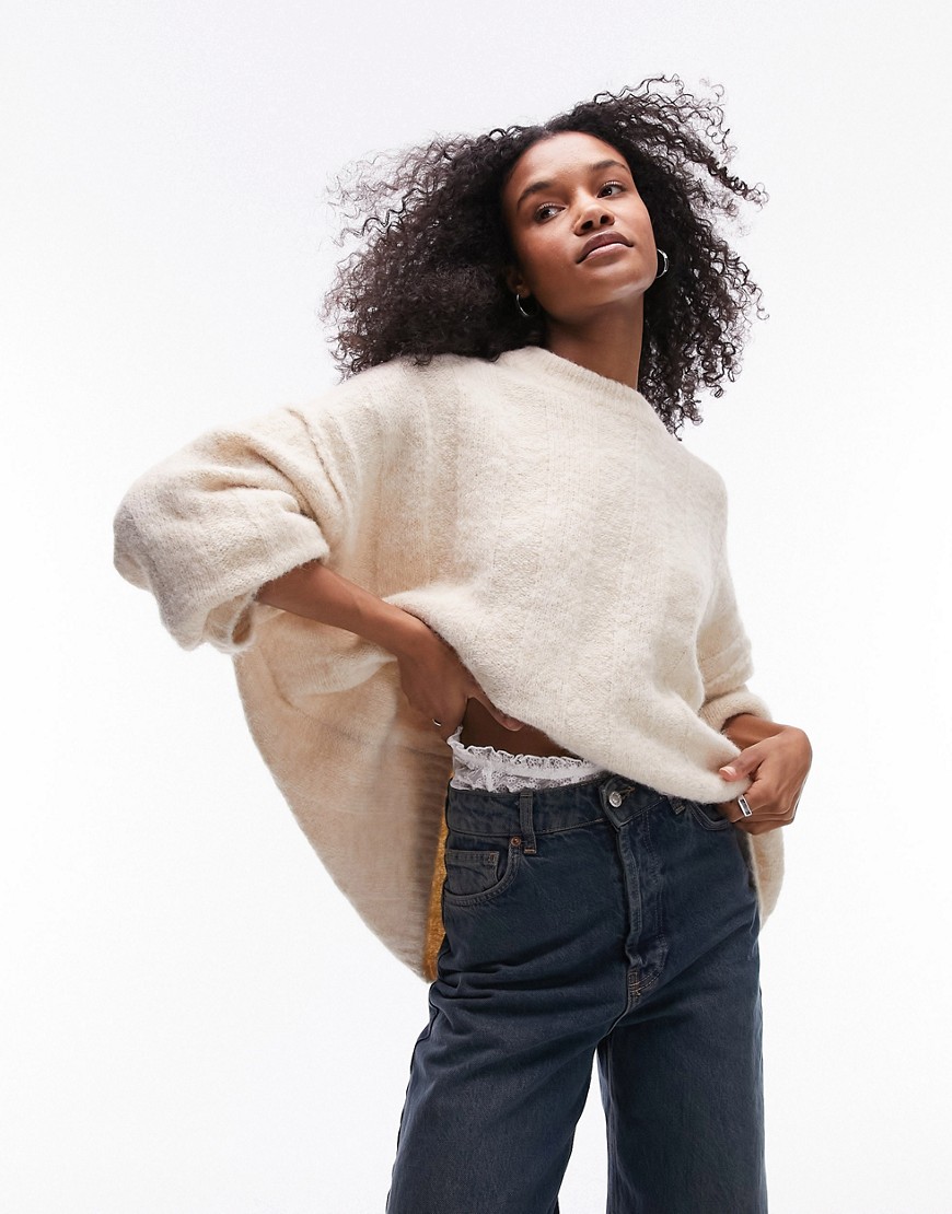Topshop knitted slouchy exposed seam fluffy wide rib jumper in ivory-White