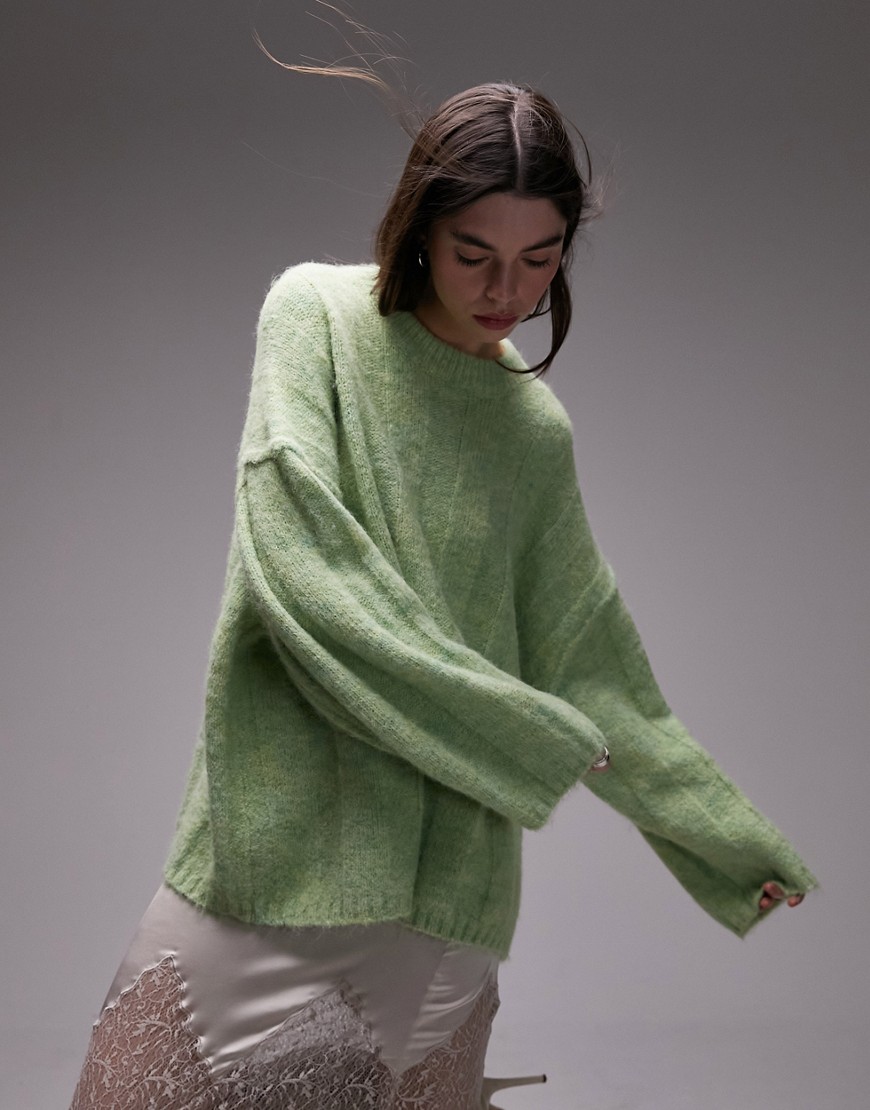 Topshop knitted slouchy exposed seam fluffy wide rib jumper in light green