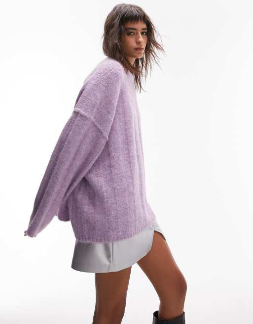 Topshop knitted slouchy exposed seam fluffy wide rib jumper in mauve