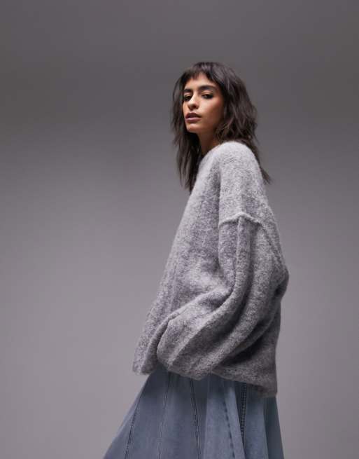 Topshop knitted slouchy exposed seam fluffy wide rib sweater in gray