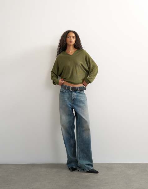 Topshop knitted slouchy fine knit batwing sleeve jumper in khaki - view 1