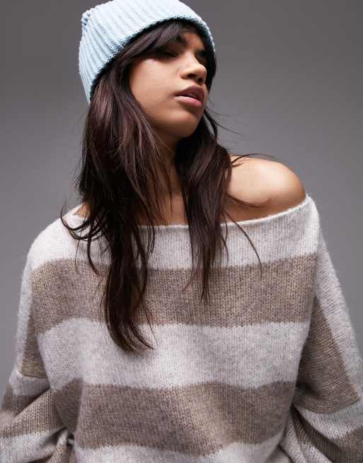 Topshop knitted slouchy jumper in cream and mink