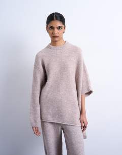 Knitted slouchy poncho co-ord in beige