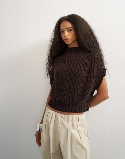 Topshop knitted slouchy short sleeve ribbed top with wool in tobacco - view 1