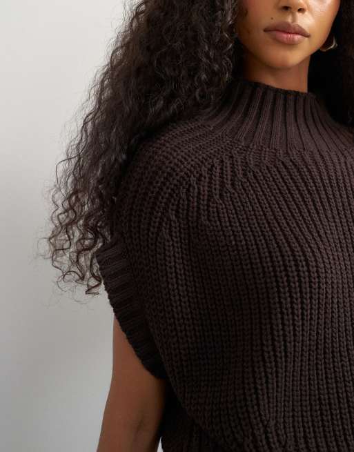 Topshop knitted slouchy short sleeve ribbed top with wool in tobacco, 2 of 4