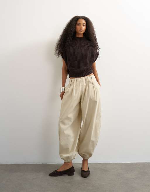 Topshop knitted slouchy short sleeve ribbed top with wool in tobacco, 3 of 4