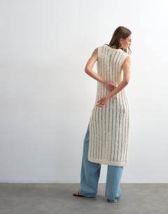 Model wearing Knitted slouchy stitchy tunic in ivory