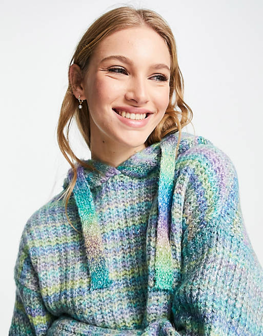Women Topshop knitted space dye hoodie in blue 
