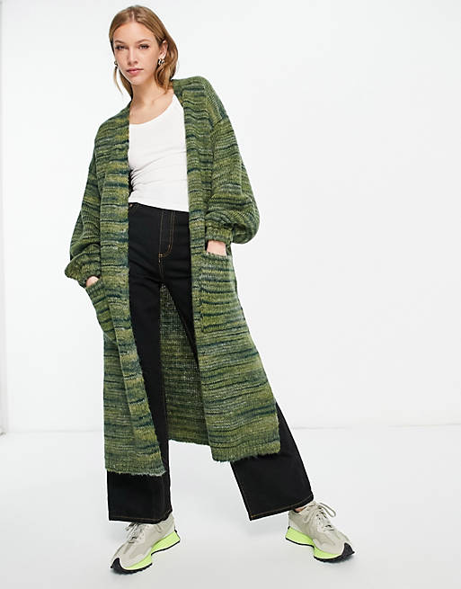 Topshop knitted space dye maxi cardi in green