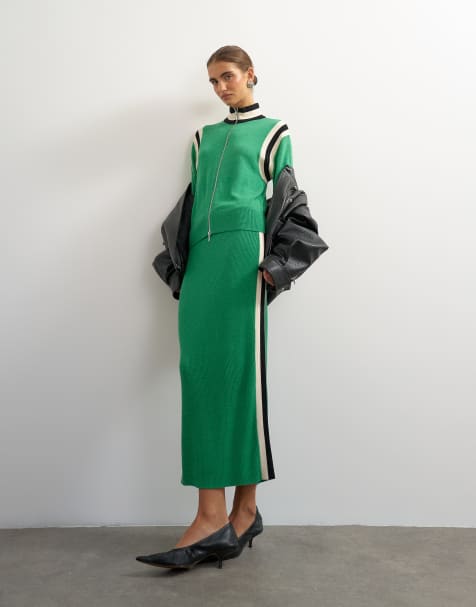 Topshop knitted sporty pencil skirt and zip-through funnel neck jacket co-ord in green - view 1