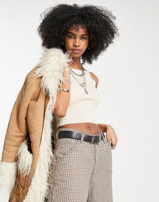 Topshop knitted square neck singlet in stone  - ASOS Price Checker