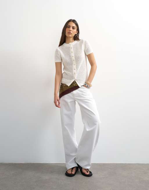 Topshop knitted stitchy cardigan in ecru, 3 of 4