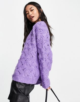 Topshop knitted stitchy cardigan in lilac