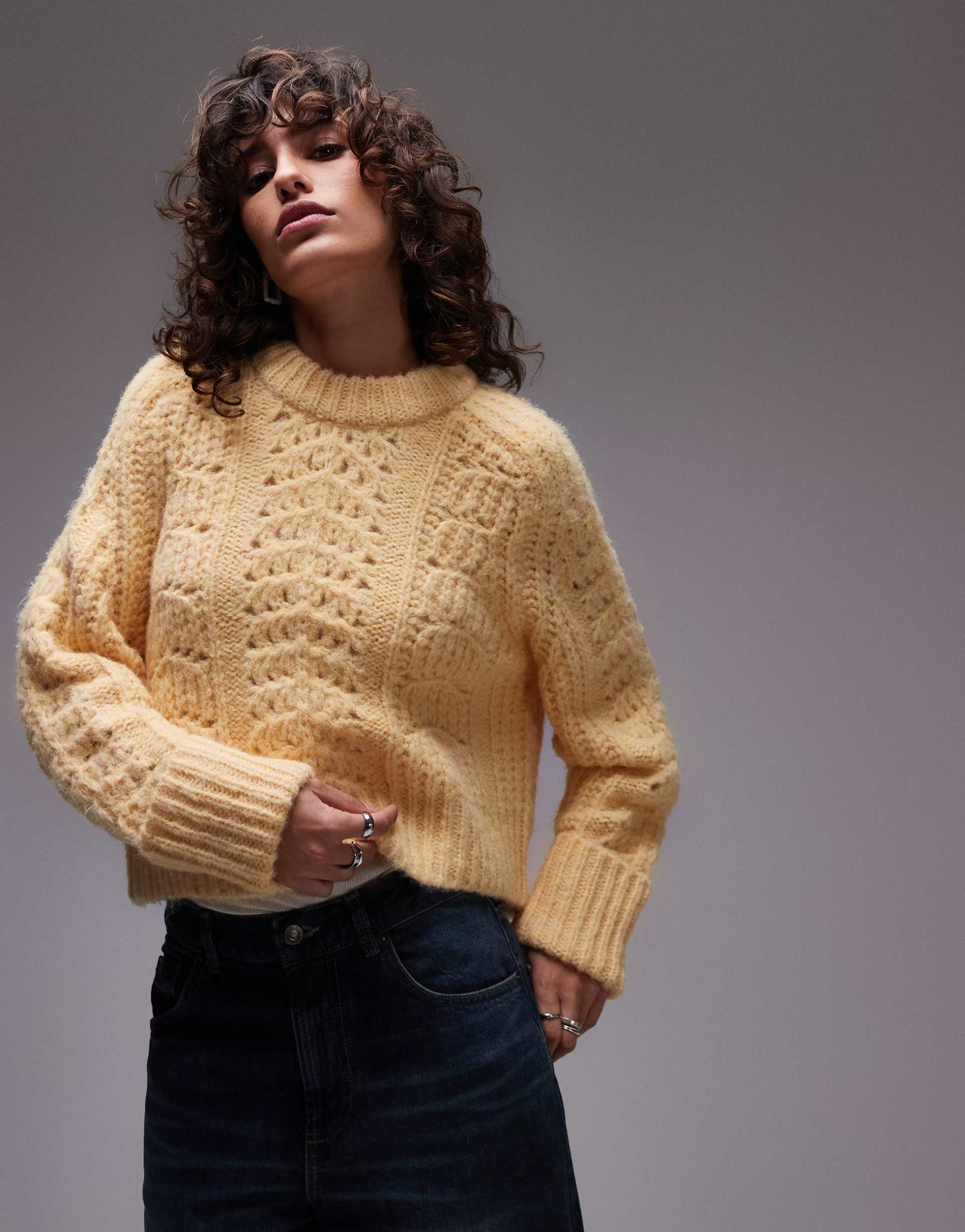 topshop knitted stitchy crew relaxed sweater in buttermilk