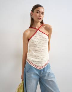 Knitted stitchy halter top in ecru and red