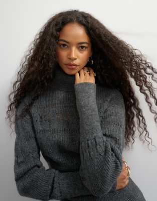 Topshop Knitted Stitchy High Neck Sweater In Gray