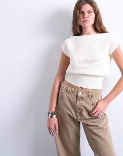 Knitted stitchy one shoulder top in cream