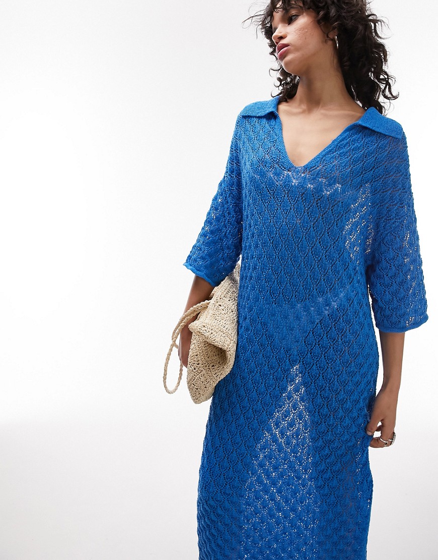 Topshop knitted stitchy polo maxi dress in blue