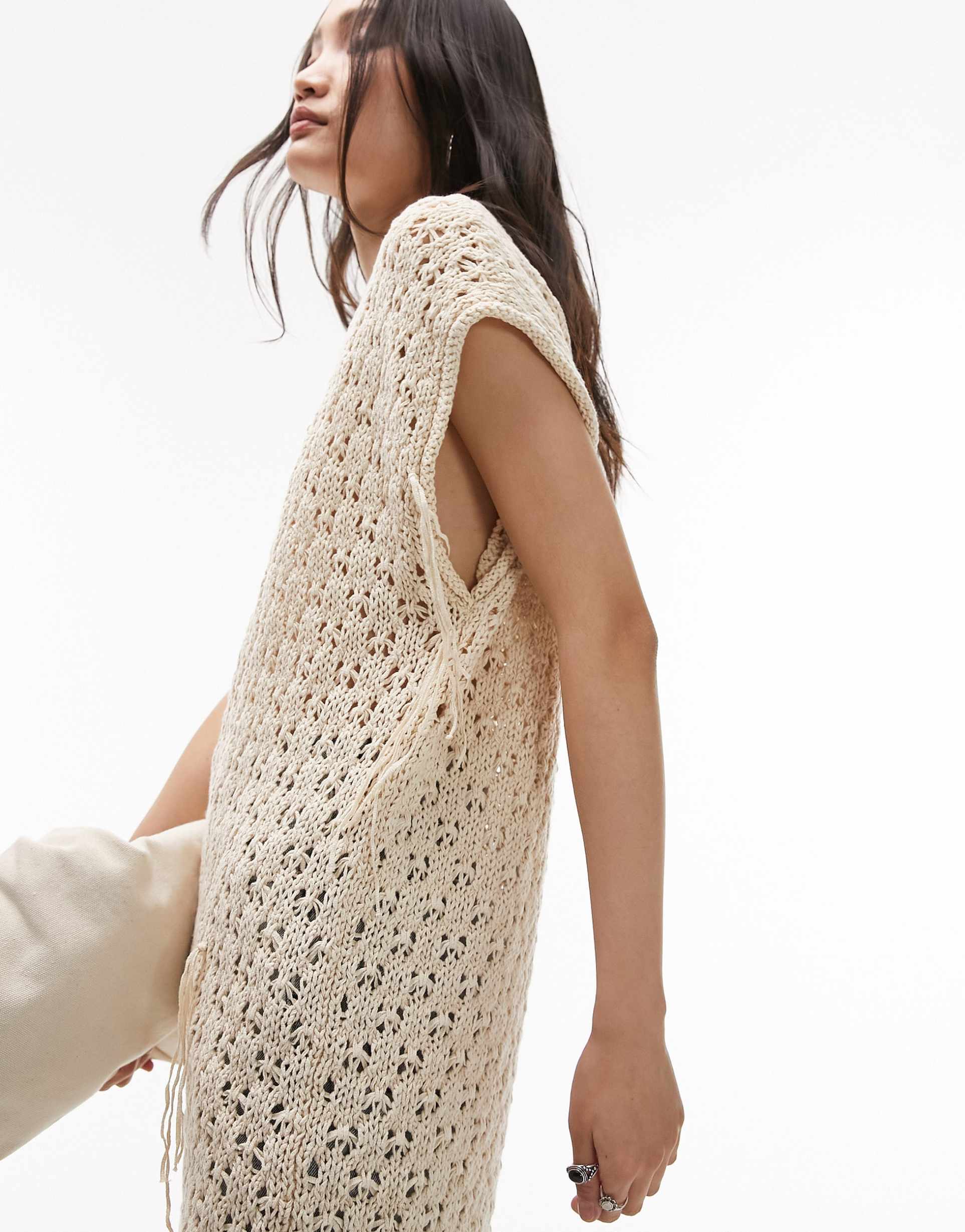 topshop knitted stitchy sleeveless mini dress in stone