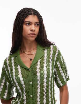 Topshop knitted stitchy stripe co-ord shirt in green