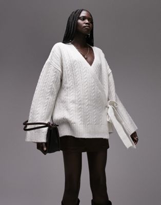Topshop knitted stitchy wrap oversized cardi in ivory