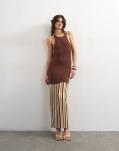 Model wearing Knitted strap back full skirt maxi dress in chocolate